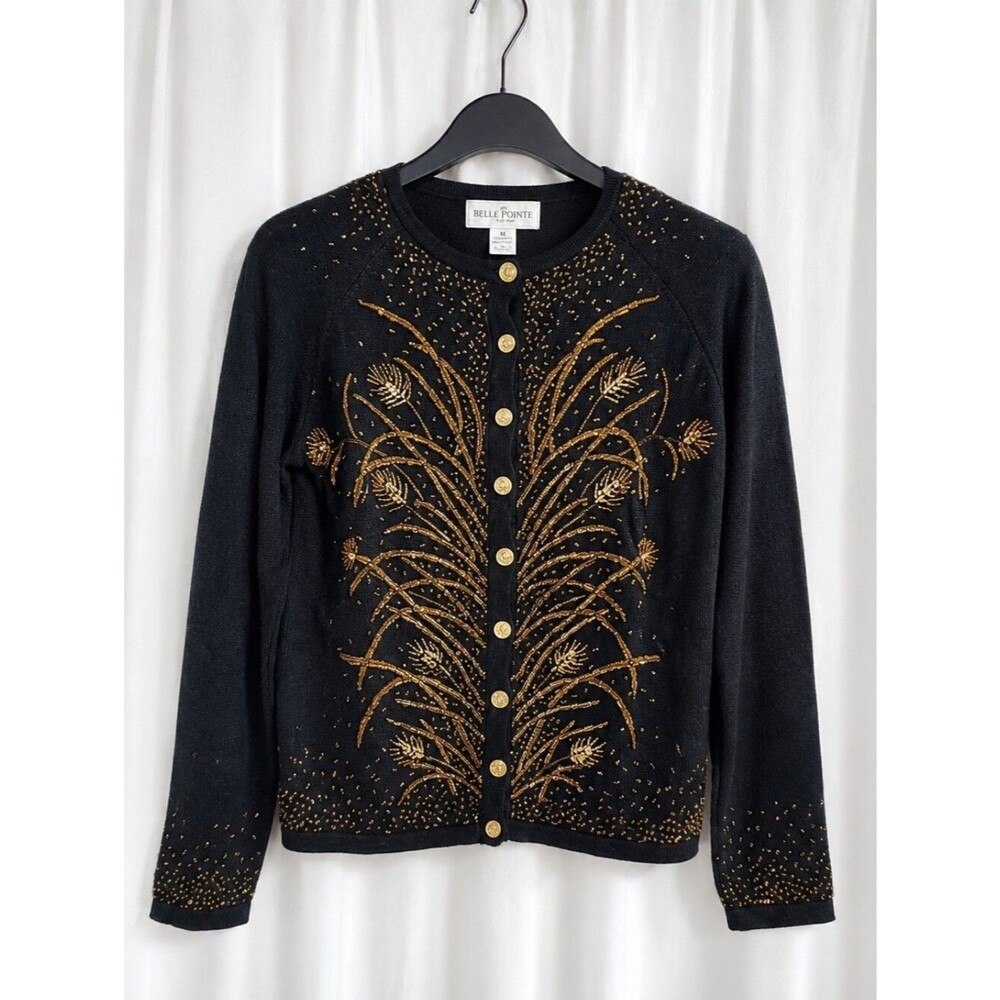 BellePointe 90s Black Gold Beaded Botanical Embellished Knit Cardigan Sweater